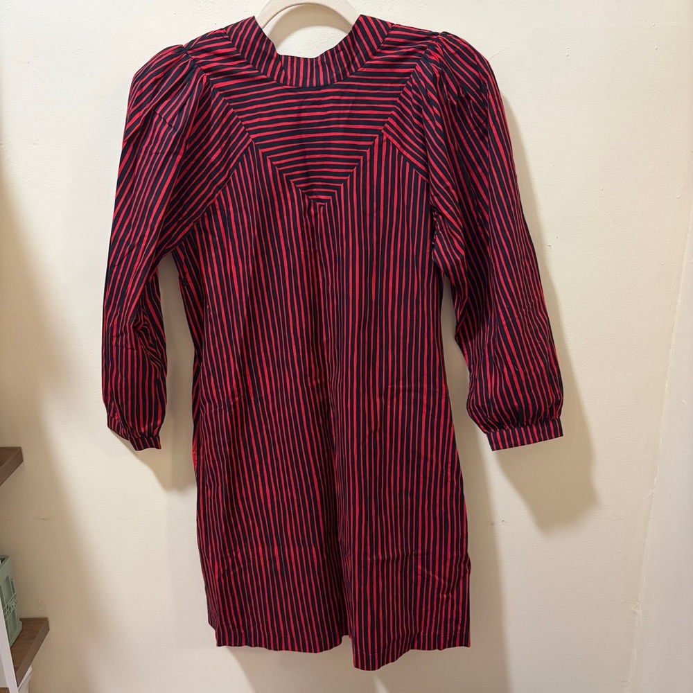 NWT clare v red and black striped high neck puff sleeve dress